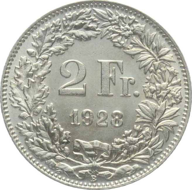 2 Franken 1928 B - fast stempelglanz